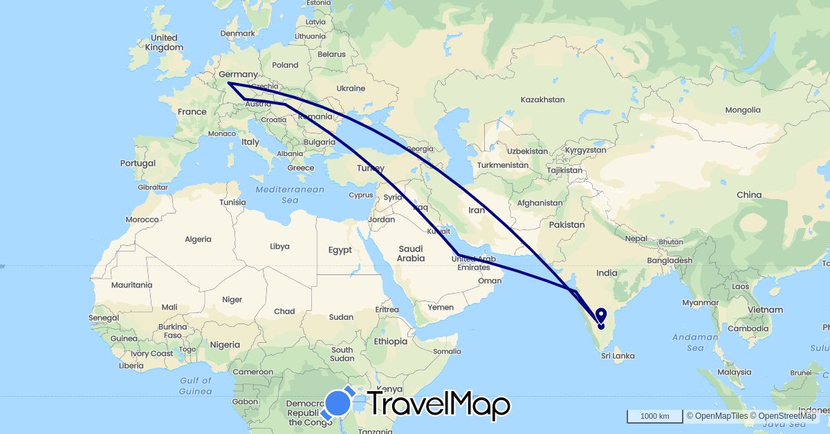 TravelMap itinerary: driving in Germany, Hungary, India, Qatar (Asia, Europe)